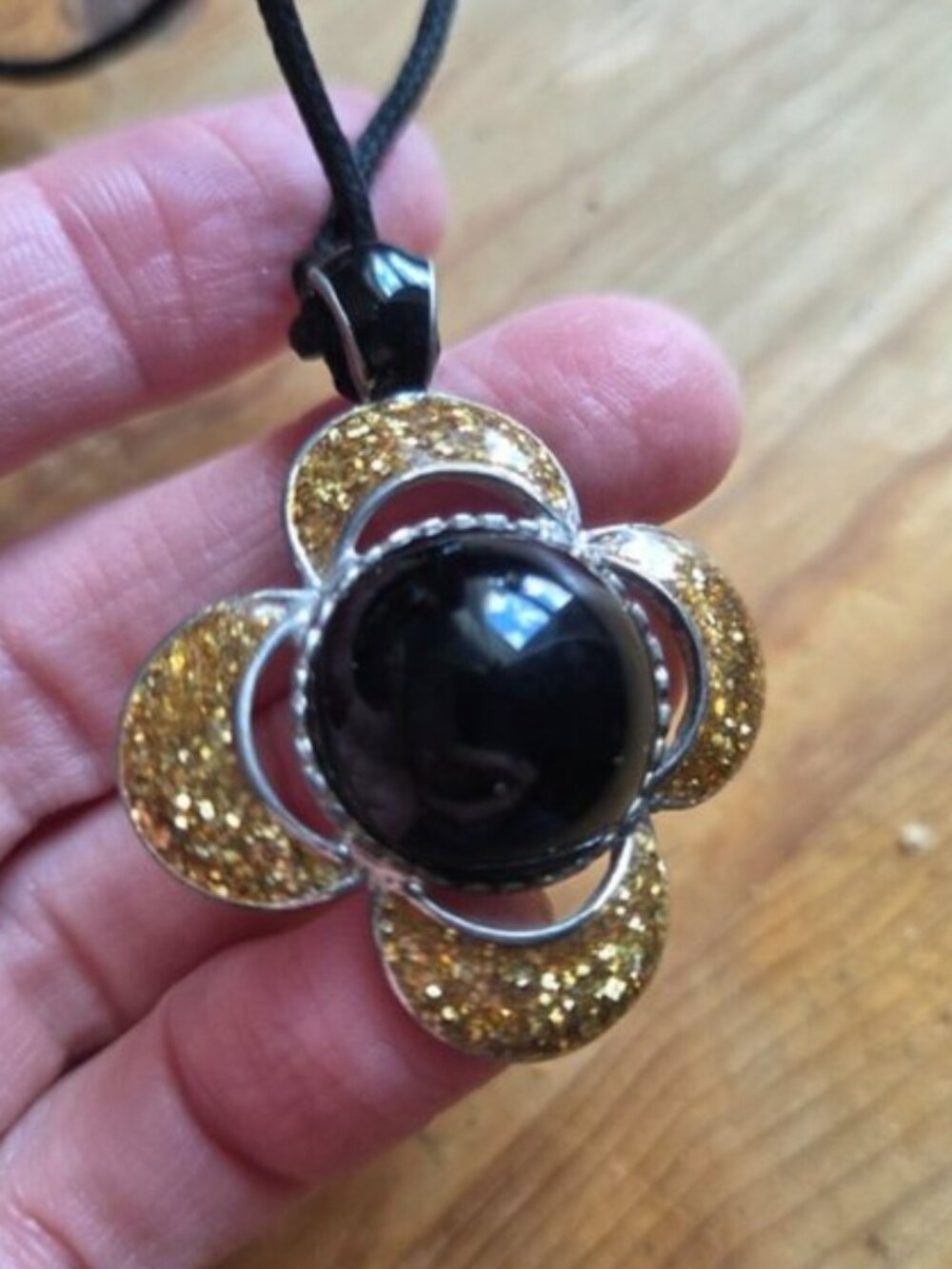 Vintage 90s Whimsigoth Black Cabochon Gold Glitter Flower Cord Necklace - FIRM